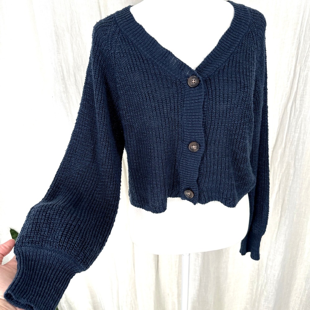 Navy Blue Button Cropped Cardigan M 90s Grunge Cozy Minimalist Indie Layering